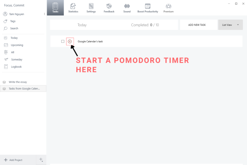 start pomodoro timer on google calendar