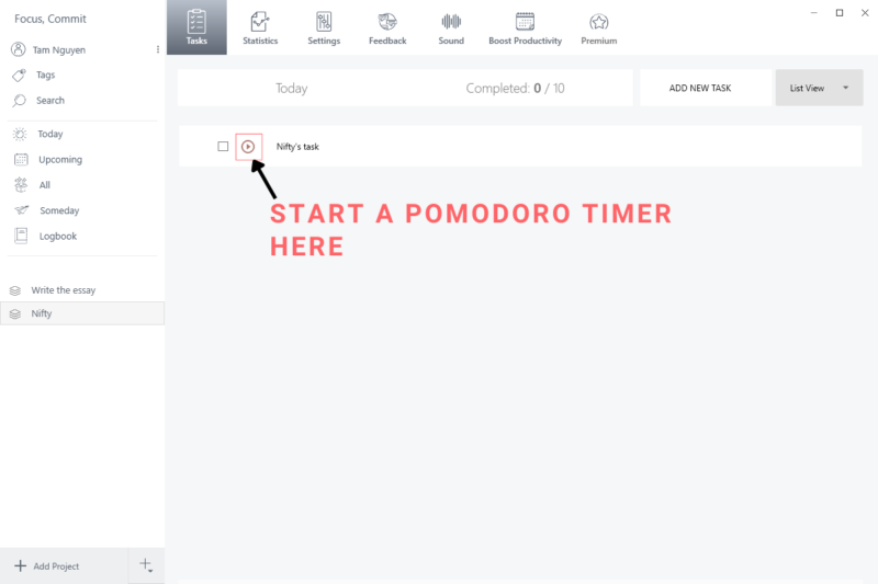 start pomodoro timer with nifty