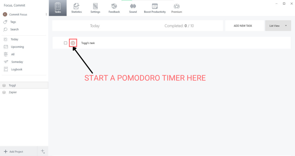start pomodoro timer toggl