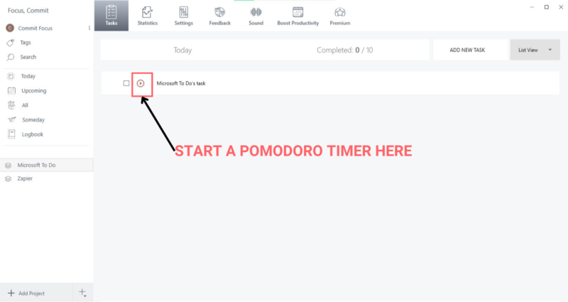 start a pomodoro timer with microsoft to do
