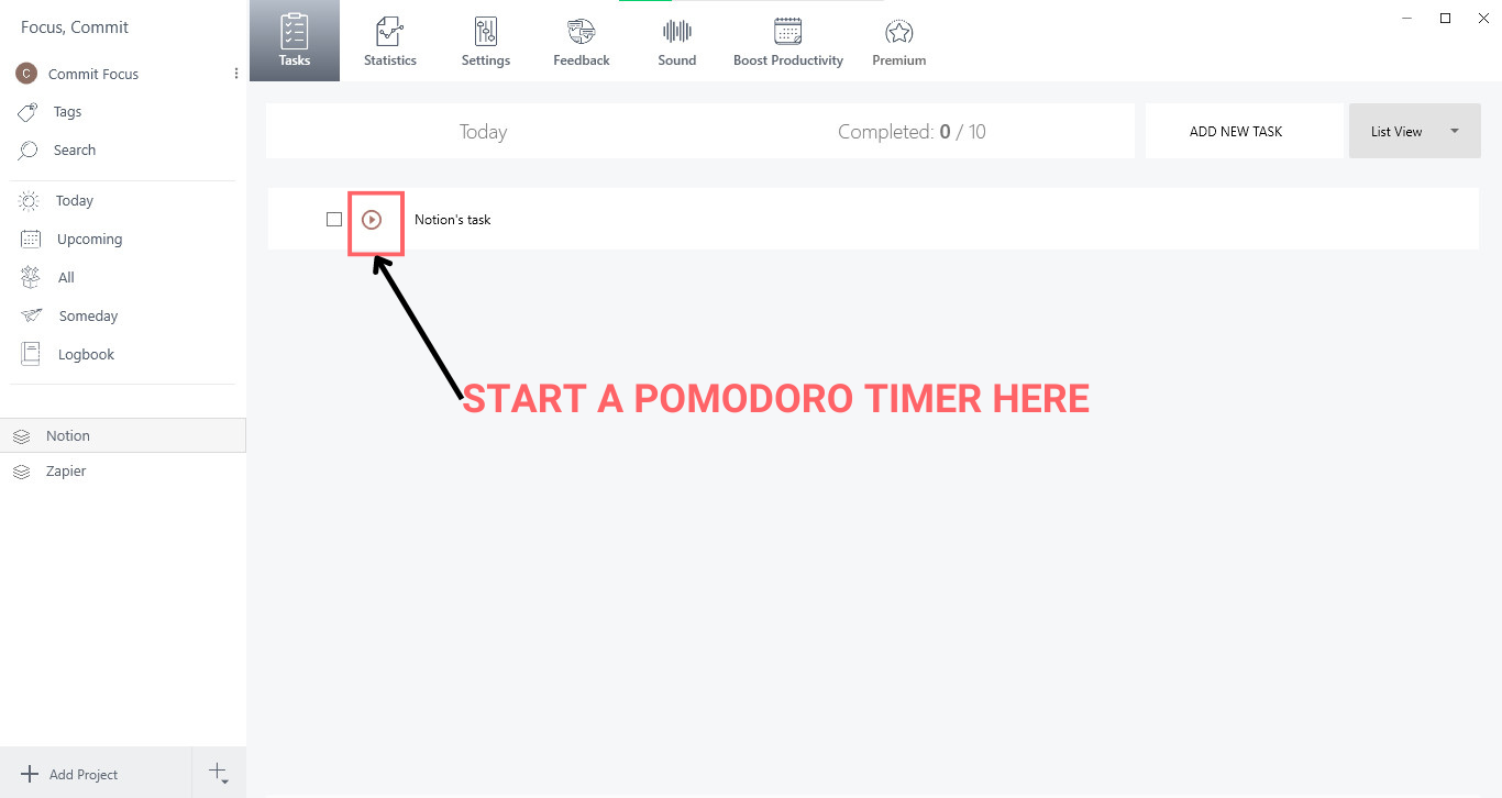 start a pomodoro timer with notion