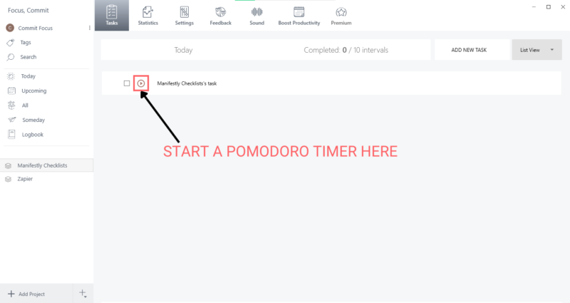 Start pomodoro timer Manifestly Checklists