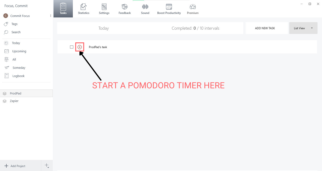 start pomodoro timer PRODPAD