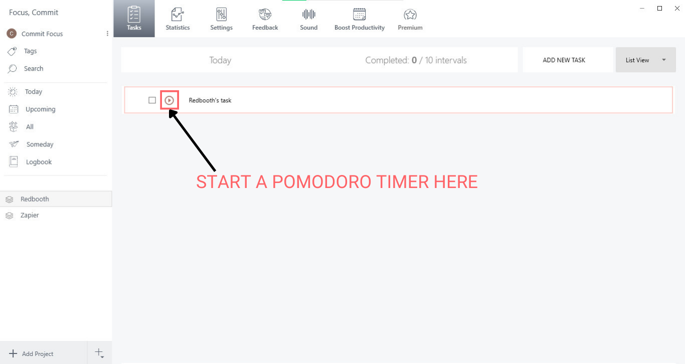 start pomodoro timer REDBOOTH