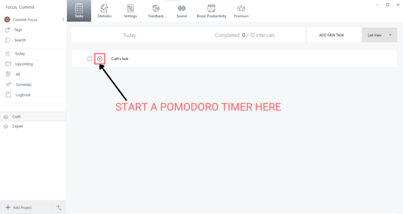 Start pomodoro timer Craft