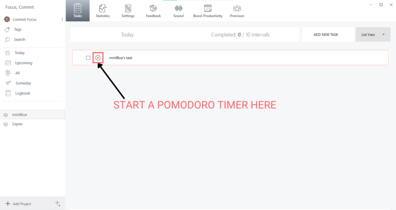 Start pomodoro timer mintBlue