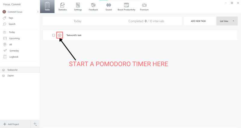 Start pomodoro timer Taskworld