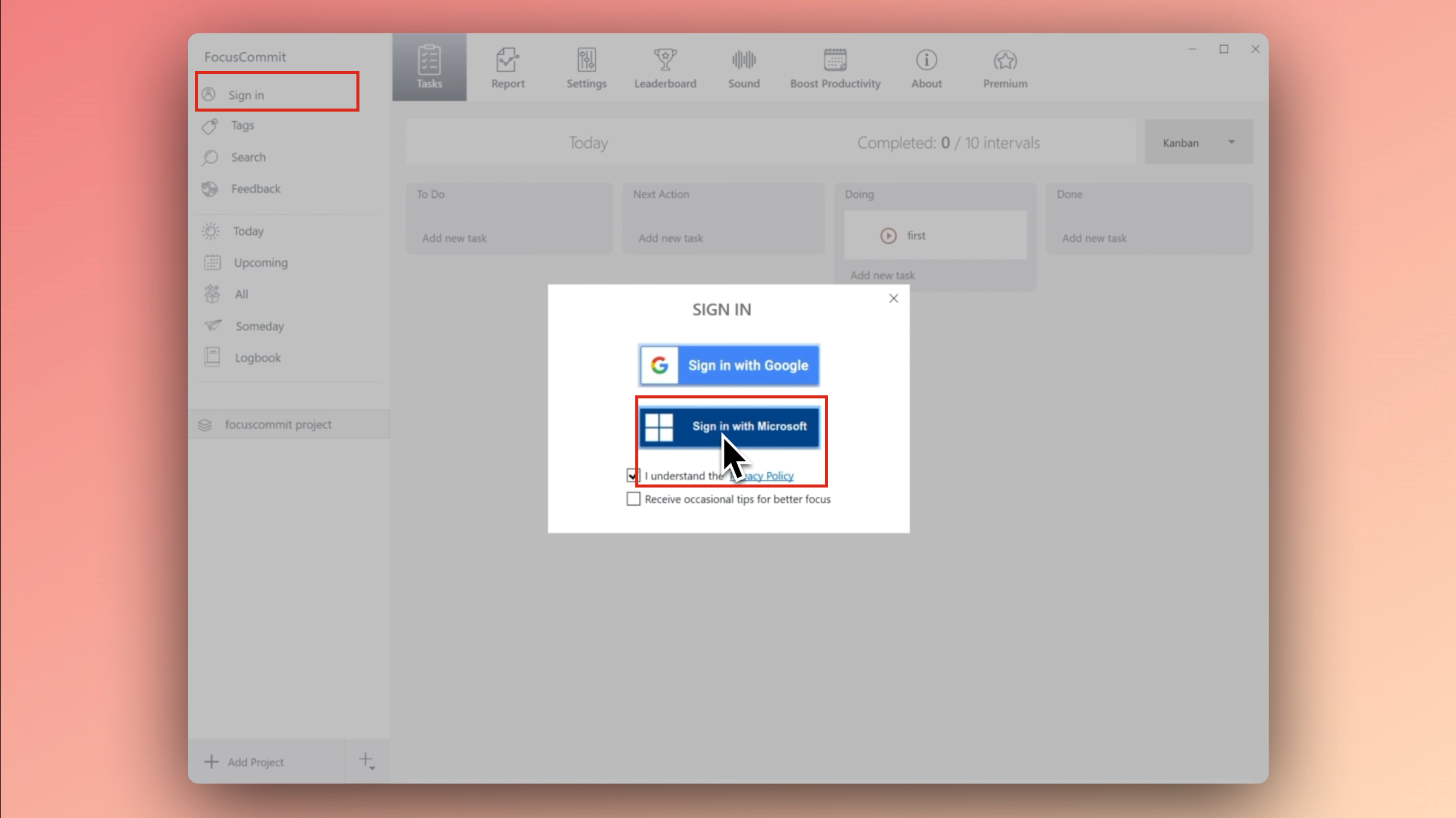 Focuscommit sign in with Microsoft 